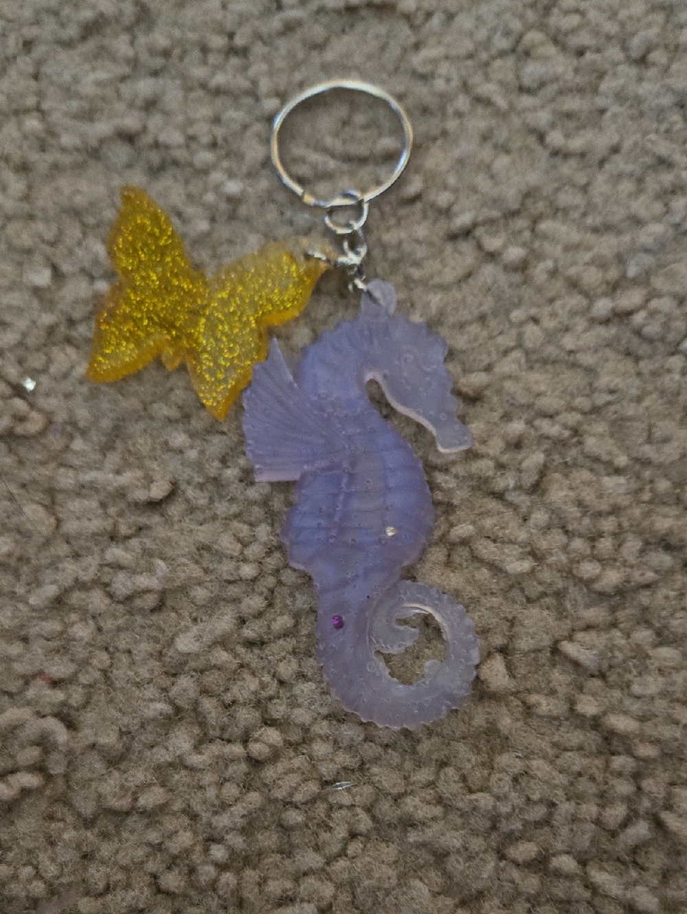 Purple Seahorse Keychain Or Bag Charm with Yellow Glitter Butterfly 317